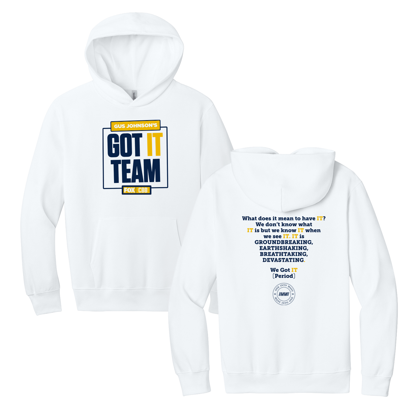 WHITE/MAIZE/BLUE 'GUS JOHNSON'S CBB GOT IT TEAM' HOODIE